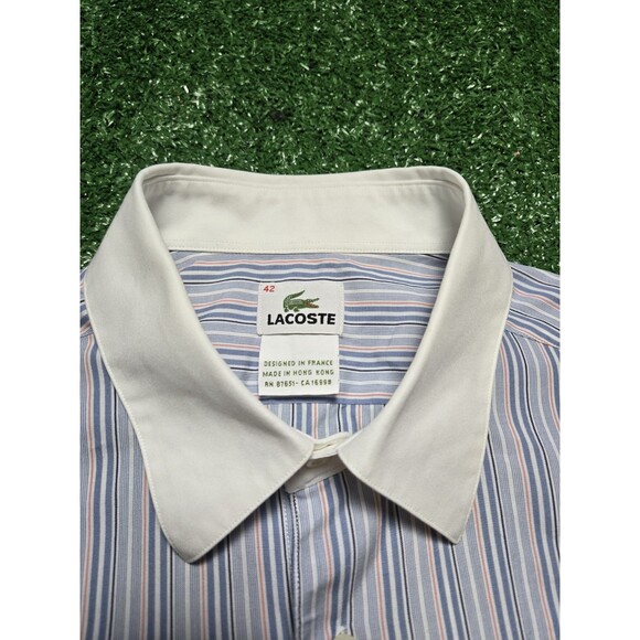 Lacoste Stripe Dress Shirt Button Up White Collar (Men's 42) - Picture 4 of 11